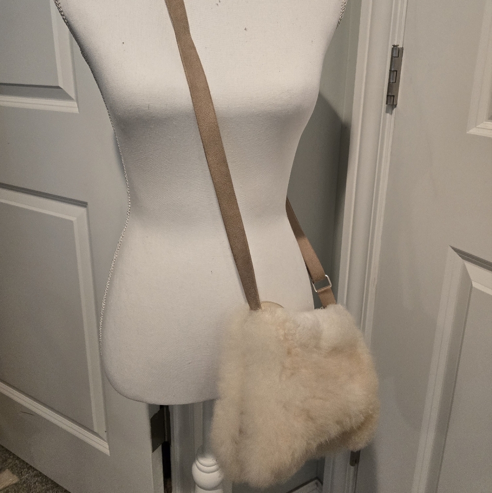 Alpaca Whiteish Fur Shoulder Bag with Tan Strap